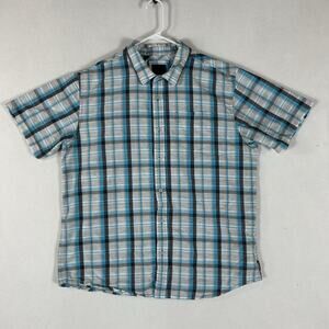 Prana Short Sleeve Button Up Shirt Mens XL Blue Plaid Lightweight Casual Relaxed